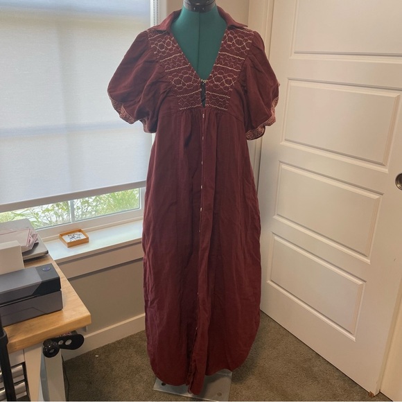 Free People Samantha Embroidered Puff Sleeve Button Front Maxi Dress Medium - Picture 4 of 16